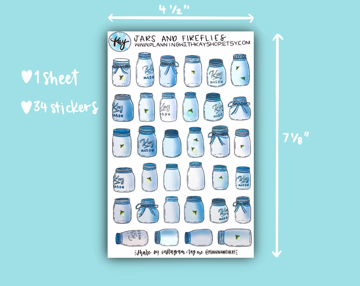 Jars and Fireflies Sticker Sheet Stickers for Planners, Journals