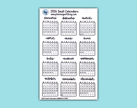 DIGITAL DOWNLOAD 2026 Small Calendars