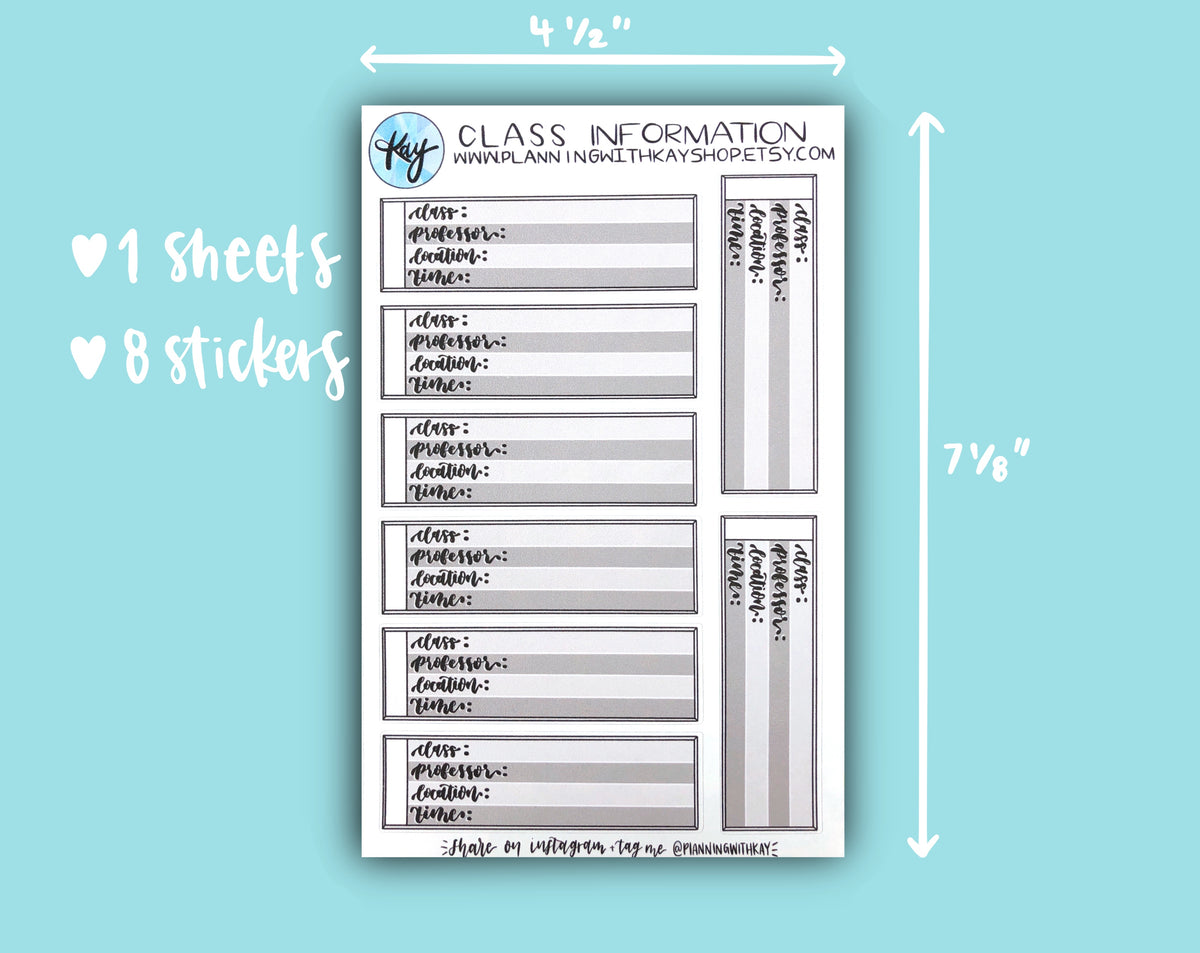 Class Information | Stickers for Planners, Journals & Organizers ...