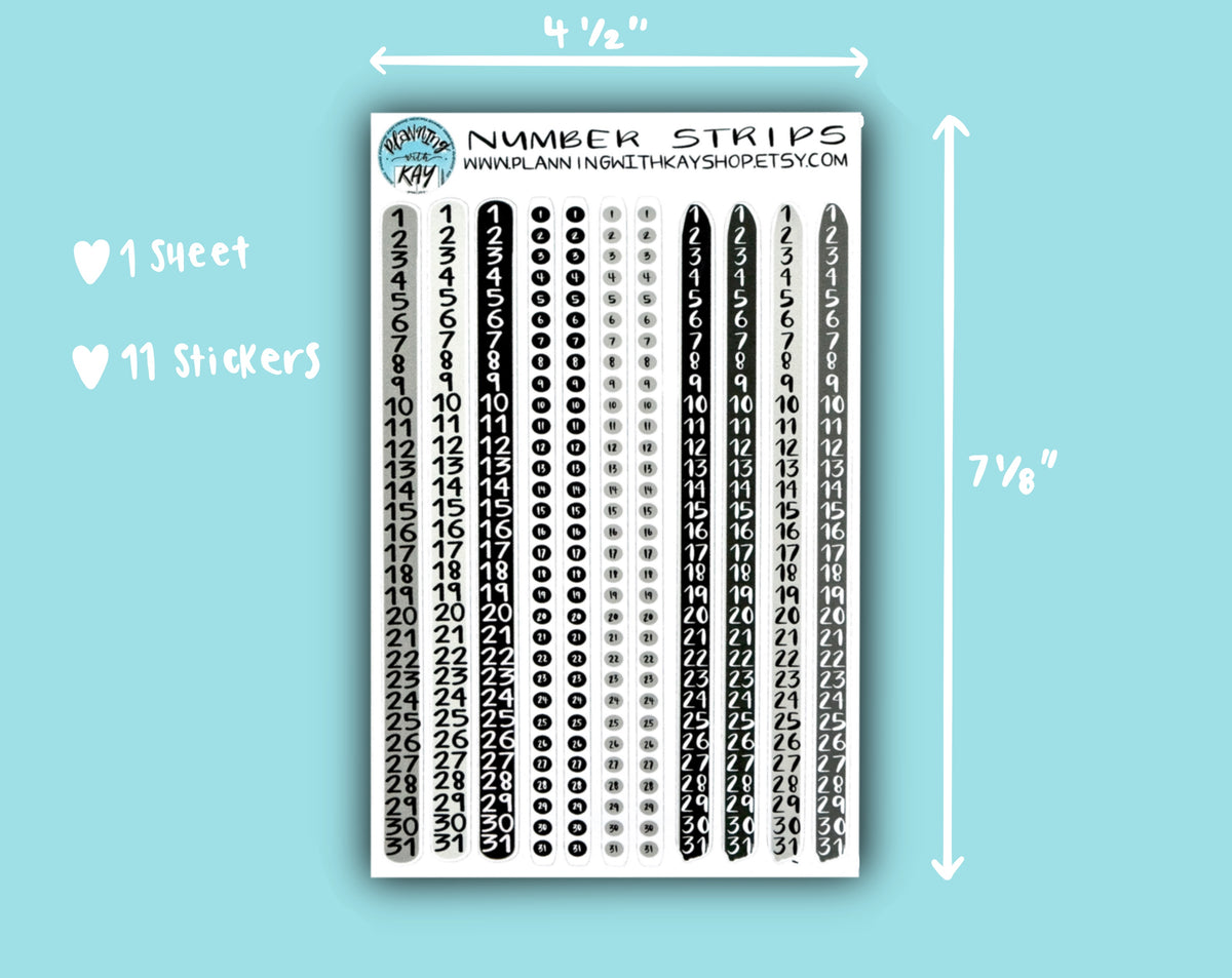 Grayscale Number Strips | Stickers for Planners, Journals & Organizers ...