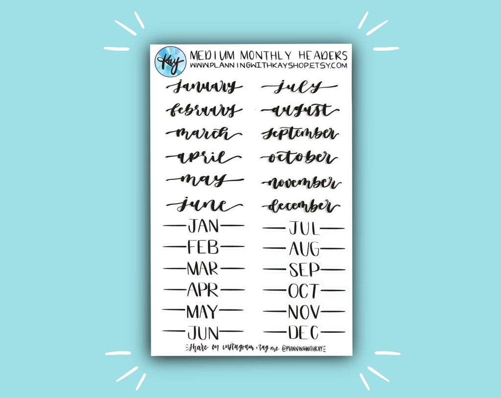 Medium Monthly Header Sticker Sheet | Stickers for Planners, Journals ...