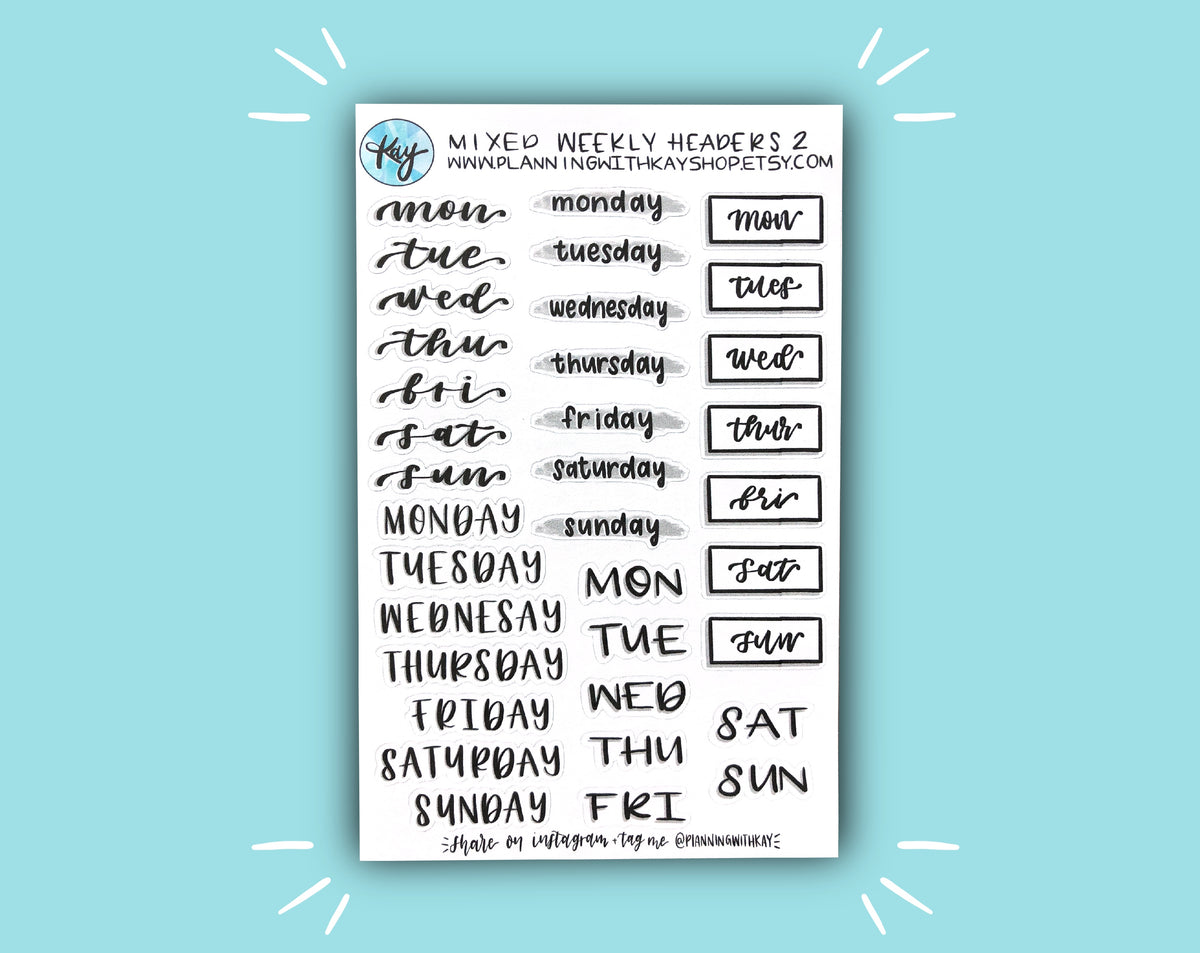 Weekly Heading Mixed Weekly Headers 2 Sticker Sheet | Stickers for Planners, Journals ...